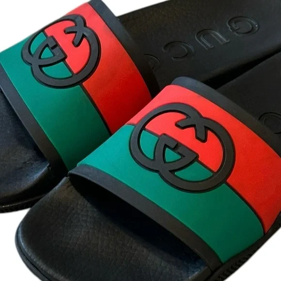 Gucci Signature Classic Stripe Rubber GG Logo Interlock Slides Sandals NWT 40